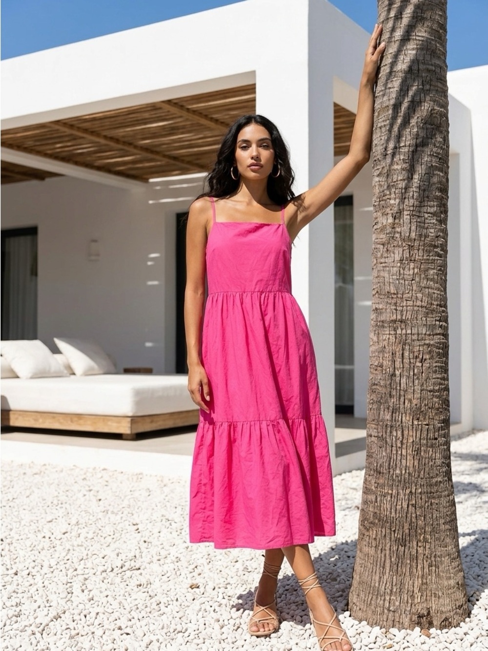Joe Fresh Bright Pink Midi Tiered Dress with Straps XL 100% Cotton